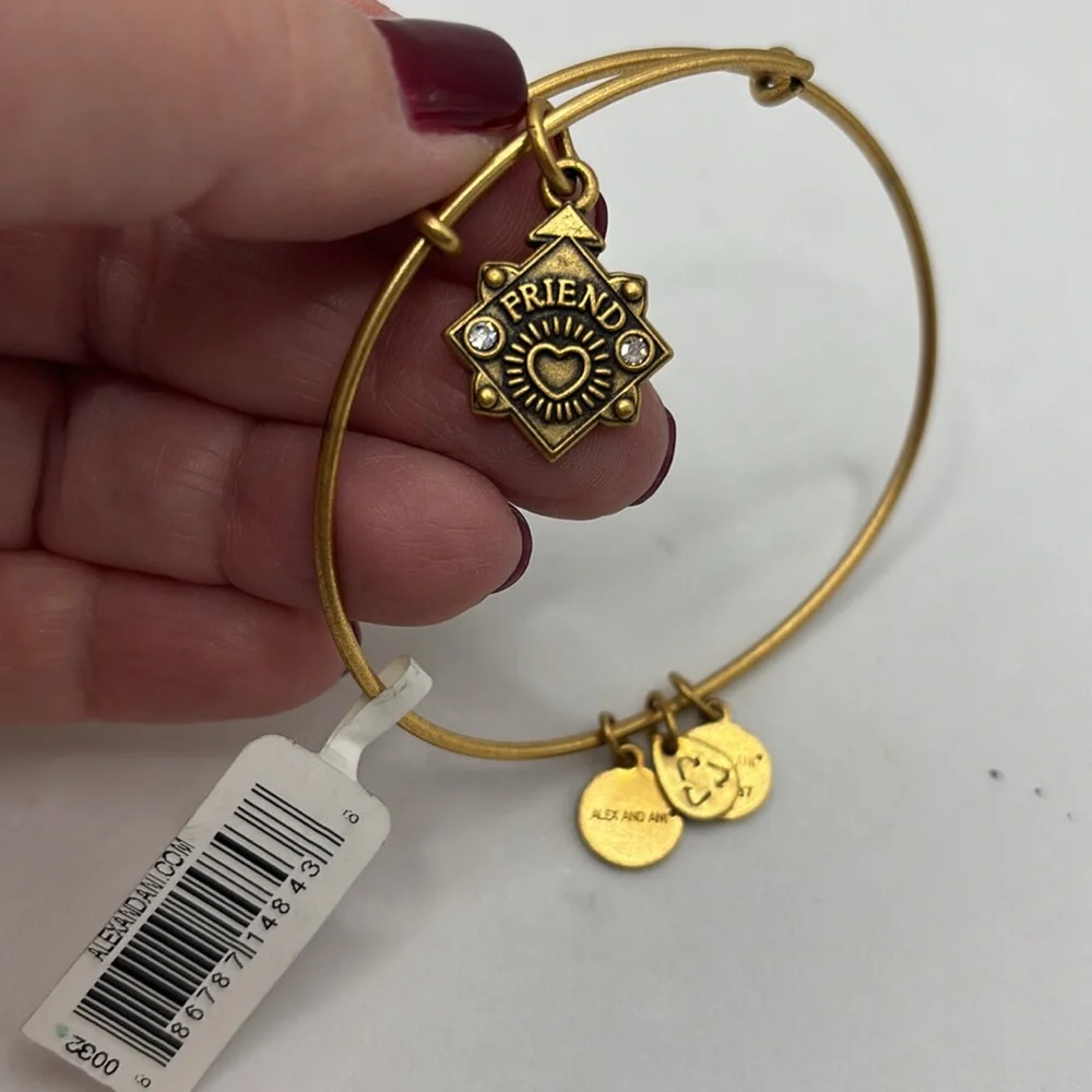 Alex and Ani gold charm bangle bracelet stretch Friend and Be Brave charms